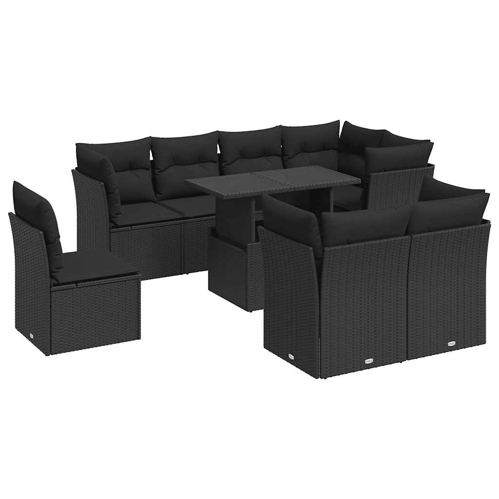 9 részes fekete polyrattan kerti ülőgarnitúra párnákkal