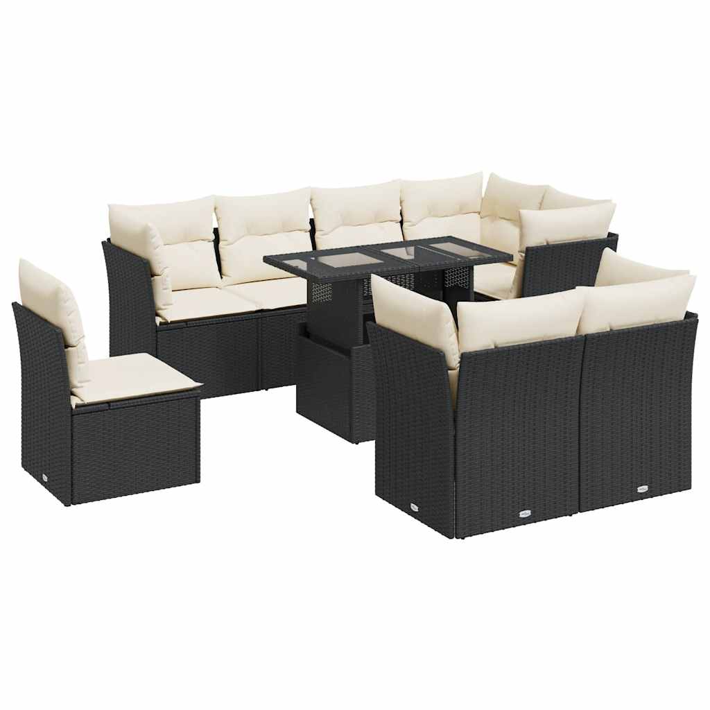9 részes fekete polyrattan kerti ülőgarnitúra párnákkal