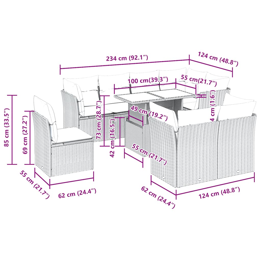 9 részes szürke polyrattan akácfa kerti ülőgarnitúra párnákkal