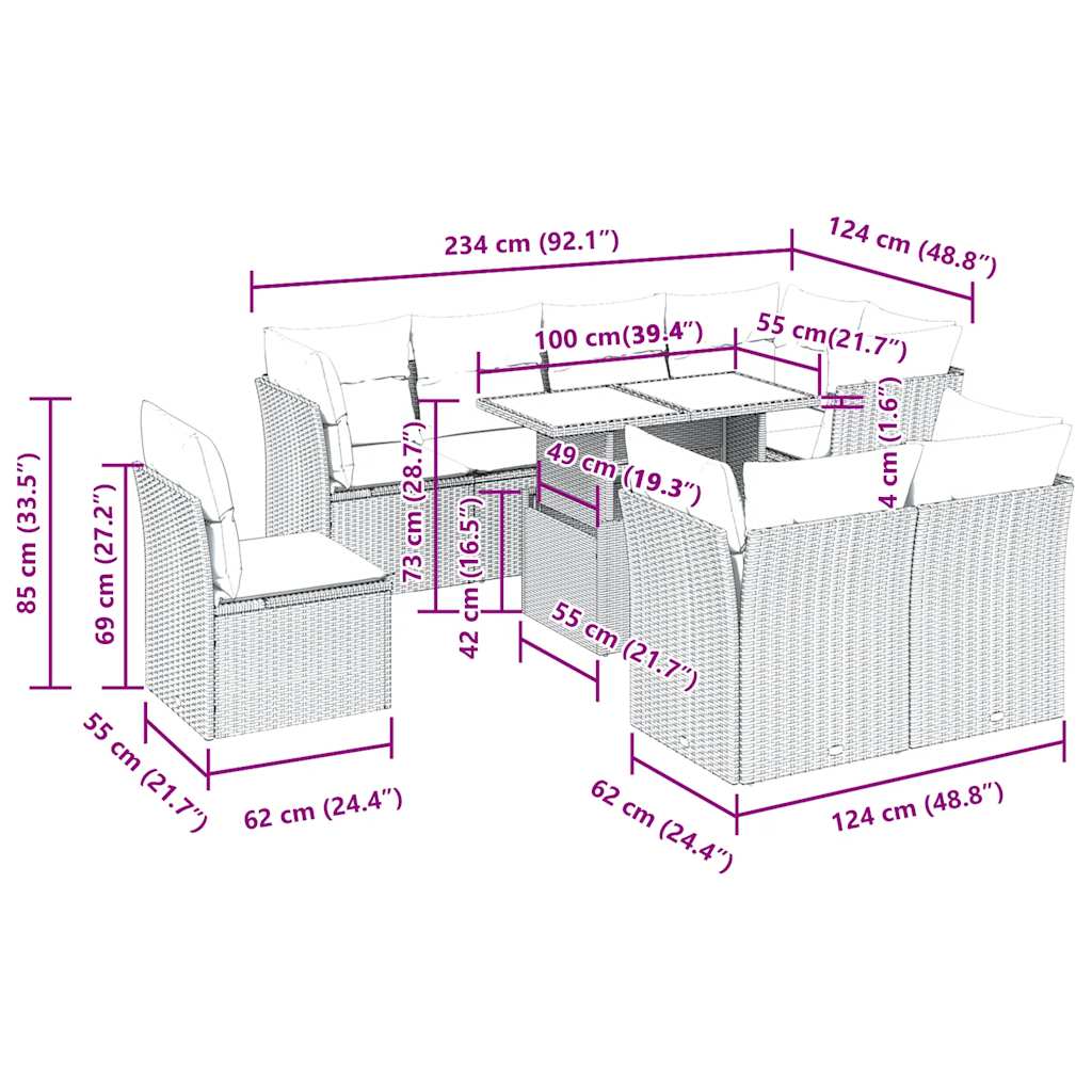 9 részes világosszürke polyrattan kerti ülőgarnitúra párnával