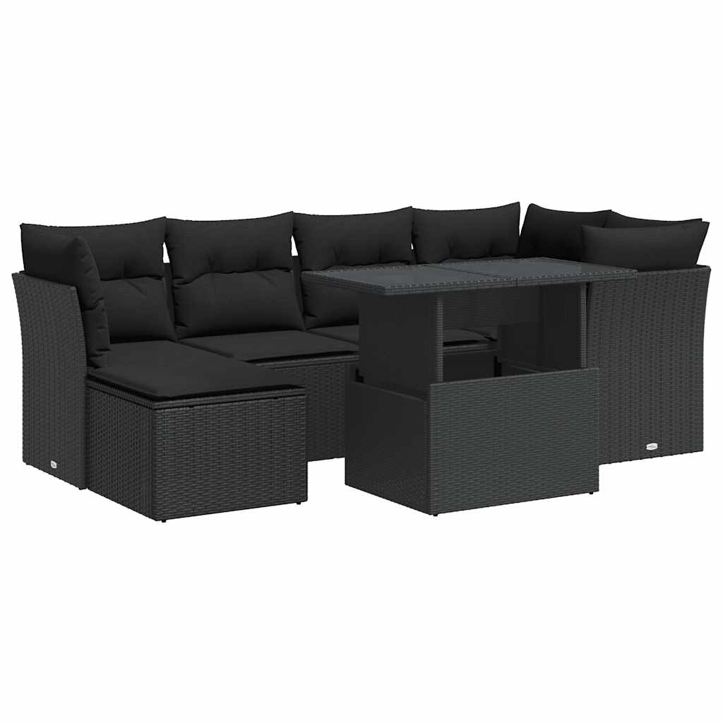 7 részes fekete polyrattan kerti ülőgarnitúra párnával