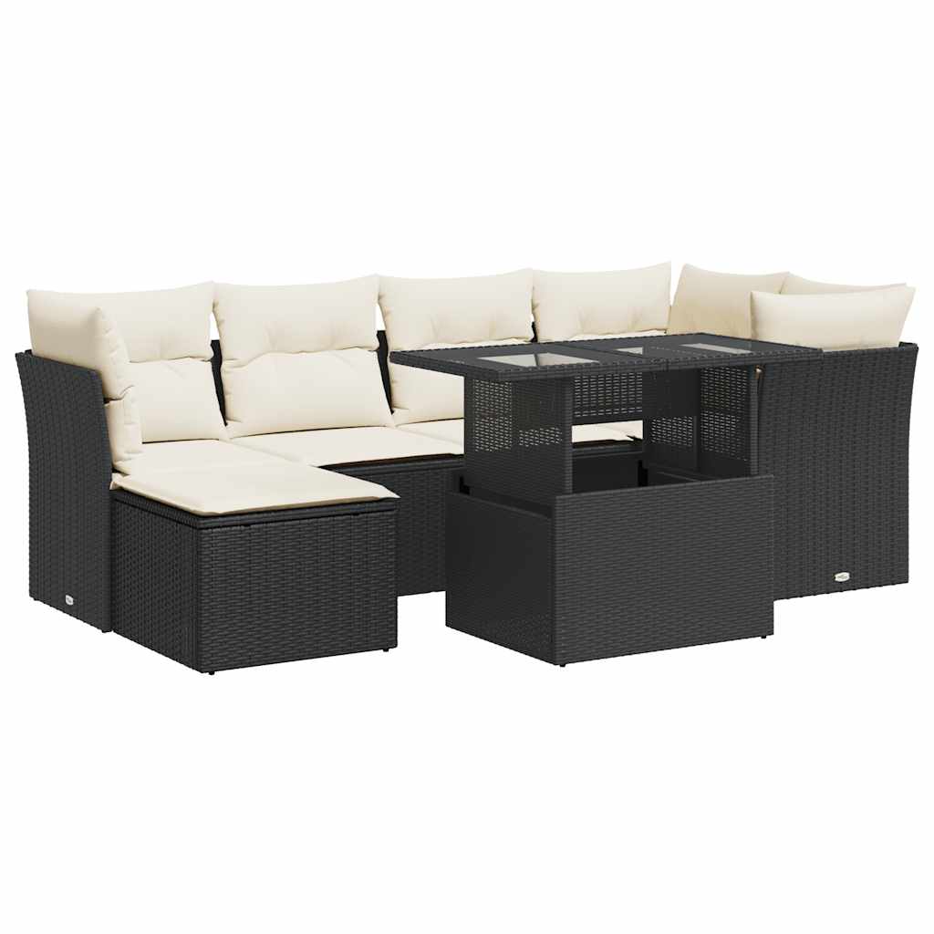 7 részes fekete polyrattan kerti ülőgarnitúra párnával