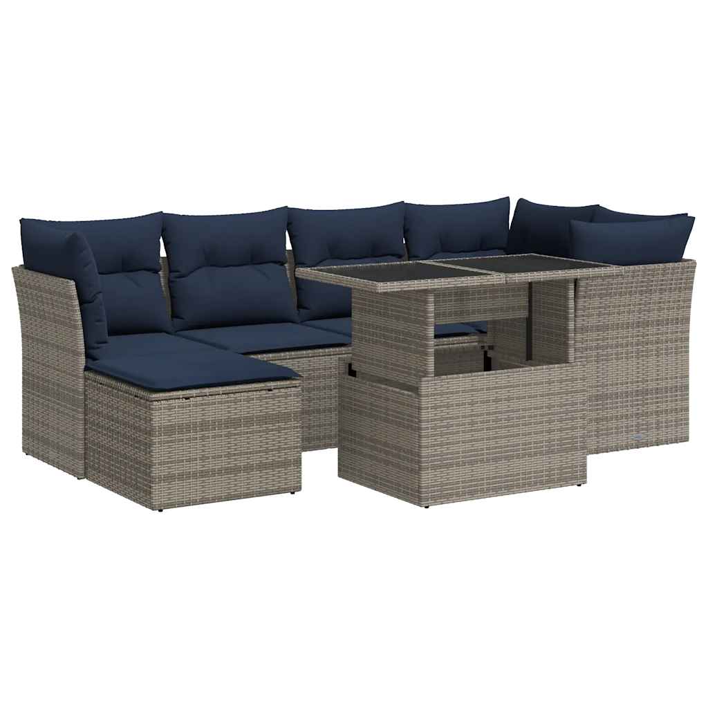 7 részes szürke polyrattan akácfa kerti ülőgarnitúra párnákkal