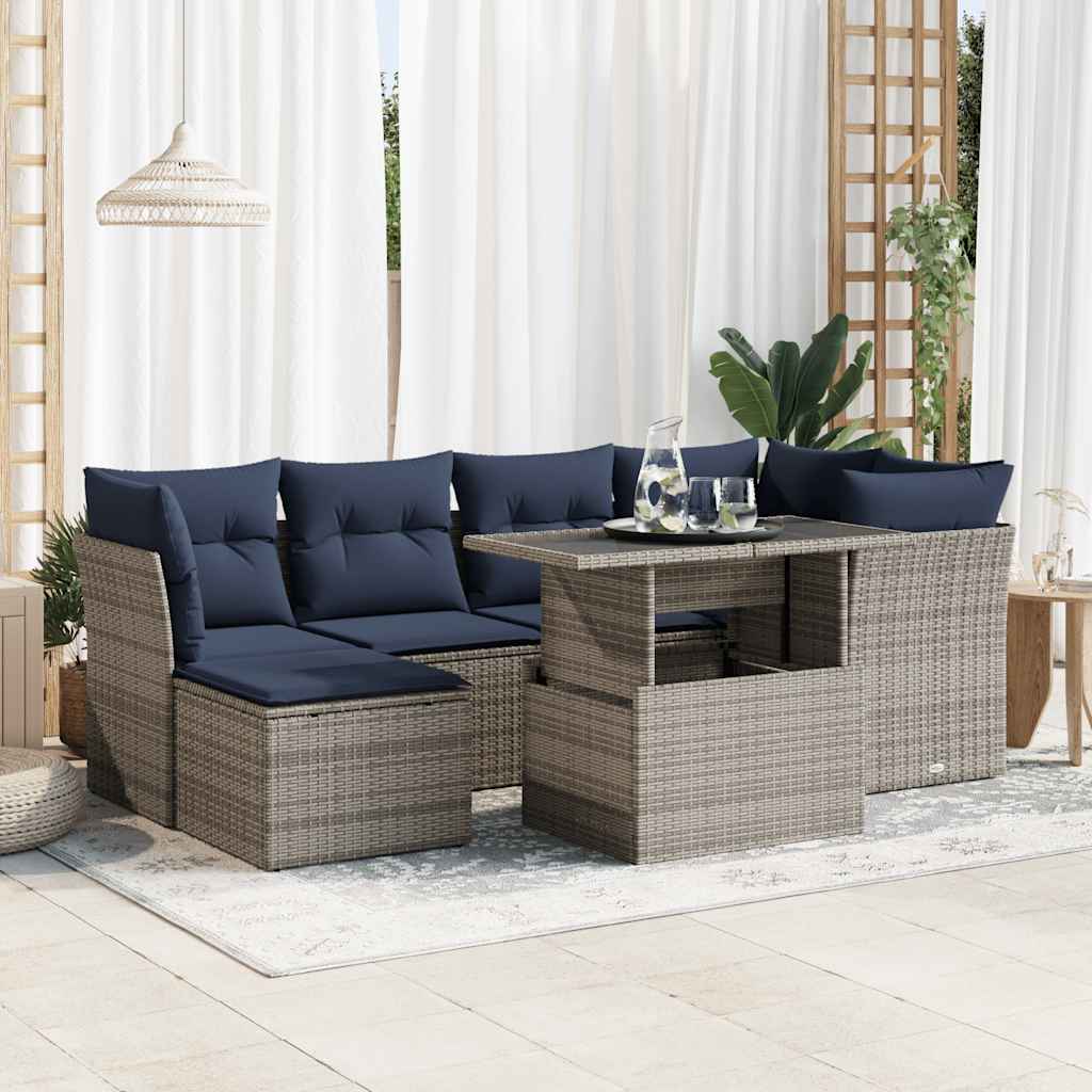7 részes szürke polyrattan akácfa kerti ülőgarnitúra párnákkal