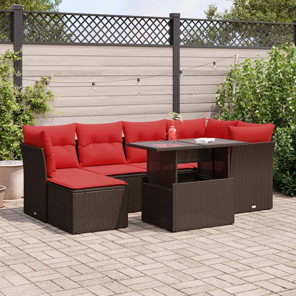 7 részes barna polyrattan akácfa kerti ülőgarnitúra párnákkal