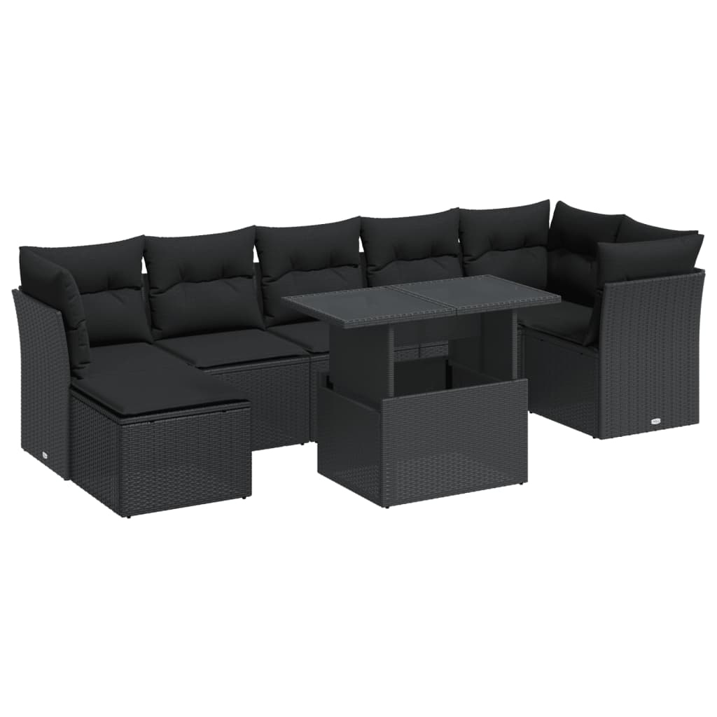 8 részes fekete polyrattan kerti ülőgarnitúra párnákkal