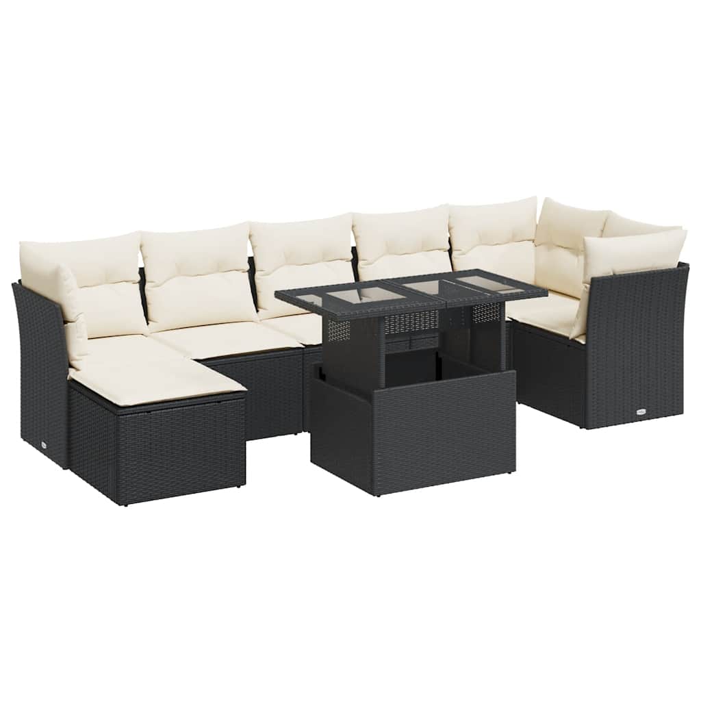 8 részes fekete polyrattan kerti ülőgarnitúra párnákkal