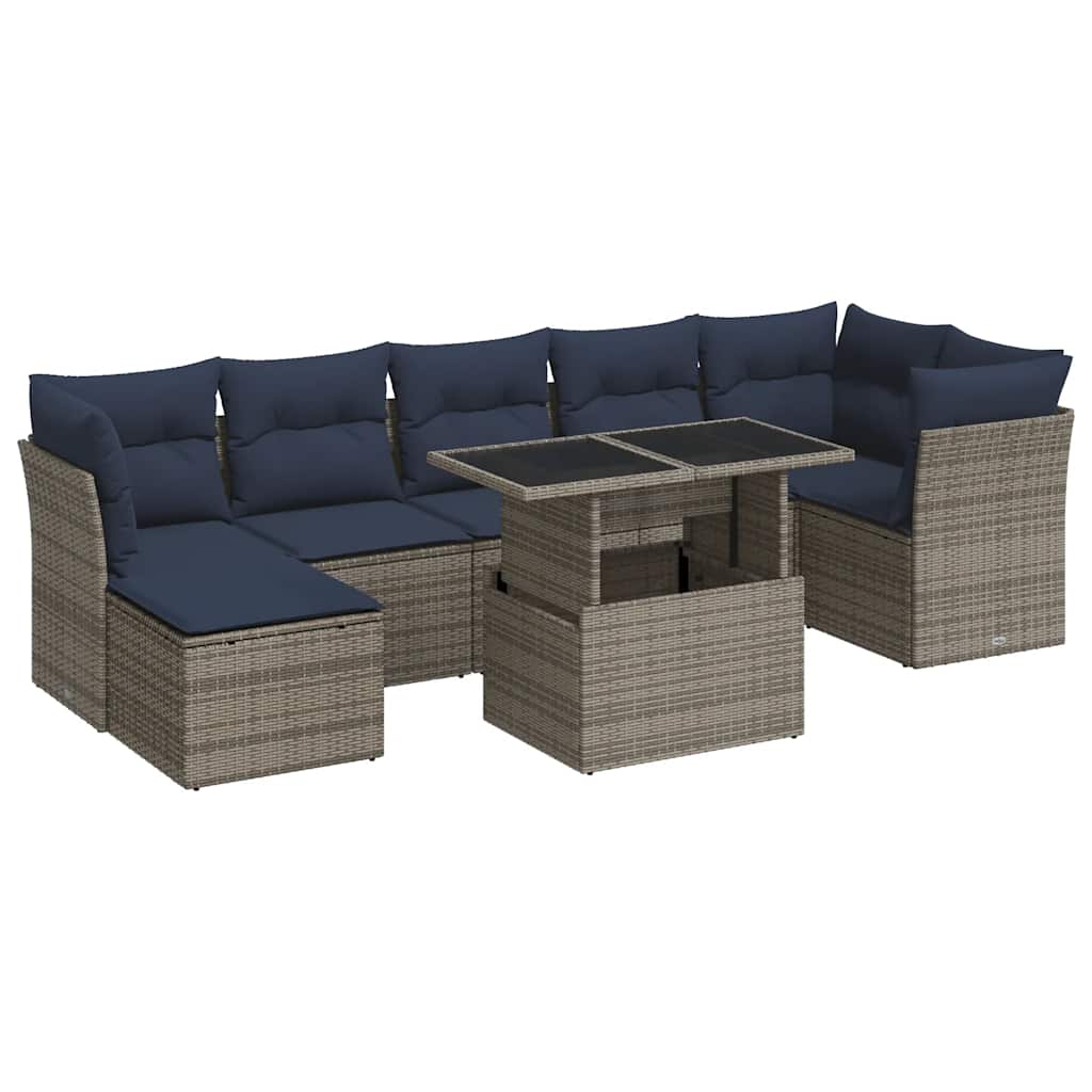 8 részes szürke polyrattan akácfa kerti ülőgarnitúra párnákkal
