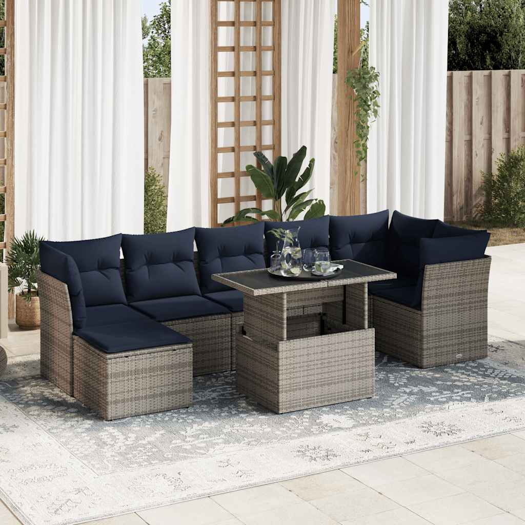 8 részes szürke polyrattan akácfa kerti ülőgarnitúra párnákkal
