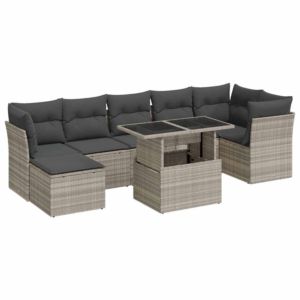 8 részes világosszürke polyrattan kerti ülőgarnitúra párnával