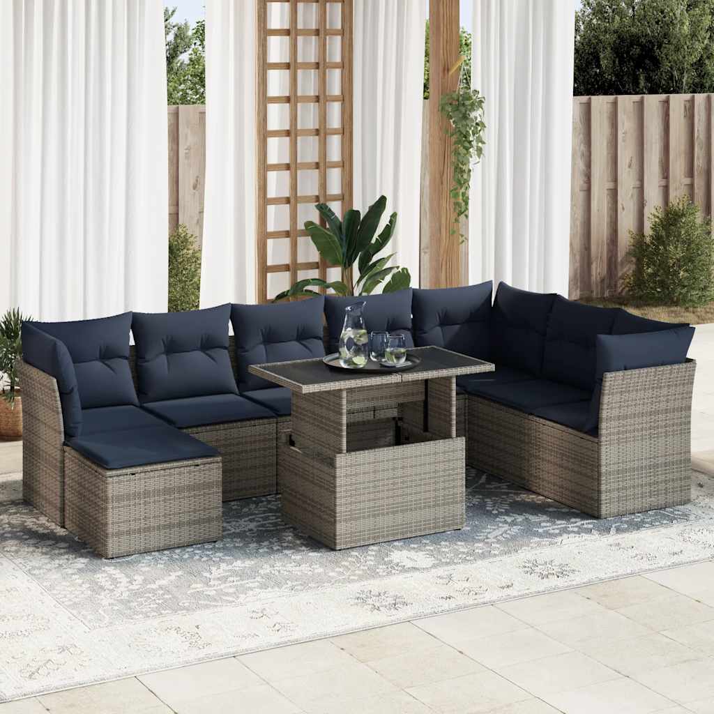 9 részes szürke polyrattan akácfa kerti ülőgarnitúra párnákkal
