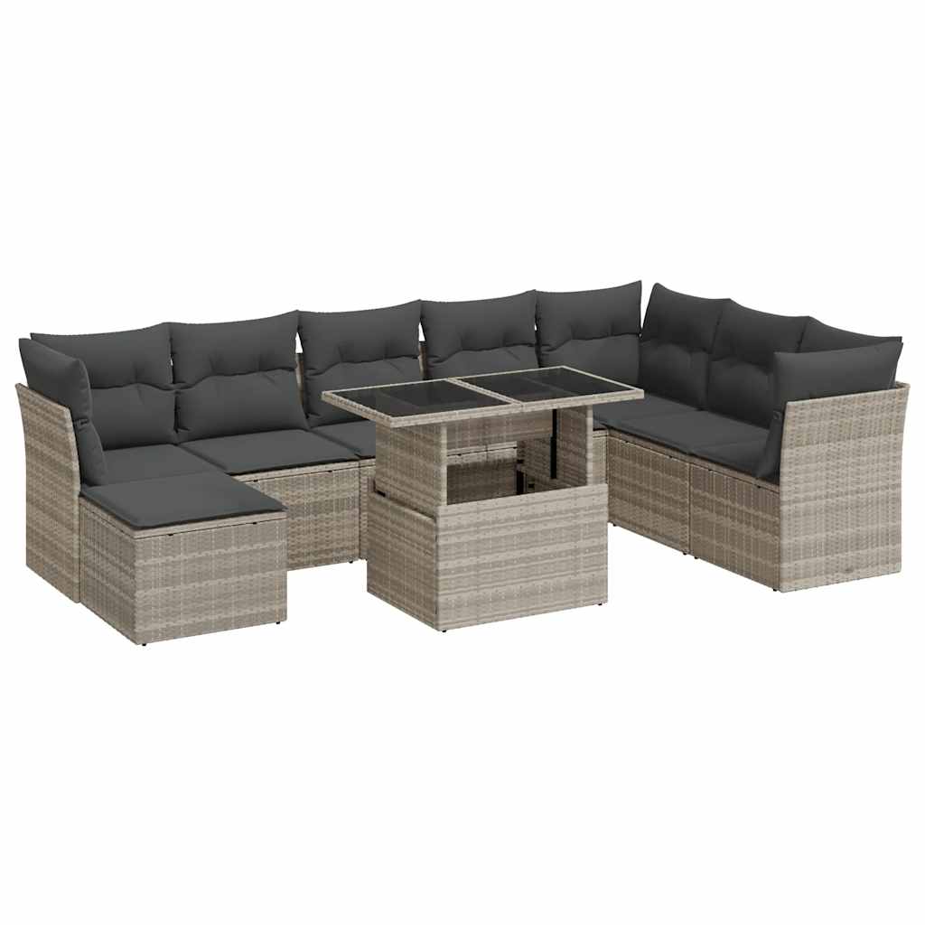 9 részes világosszürke polyrattan kerti ülőgarnitúra párnával