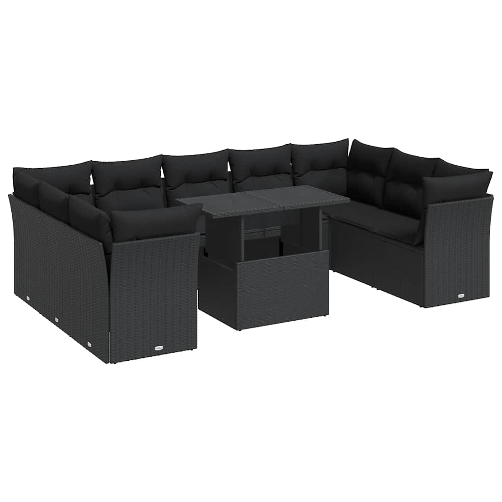 10 részes fekete polyrattan kerti ülőgarnitúra párnákkal