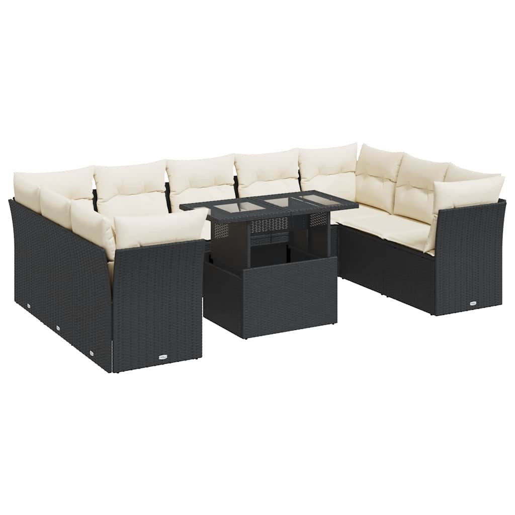 10 részes fekete polyrattan kerti ülőgarnitúra párnákkal
