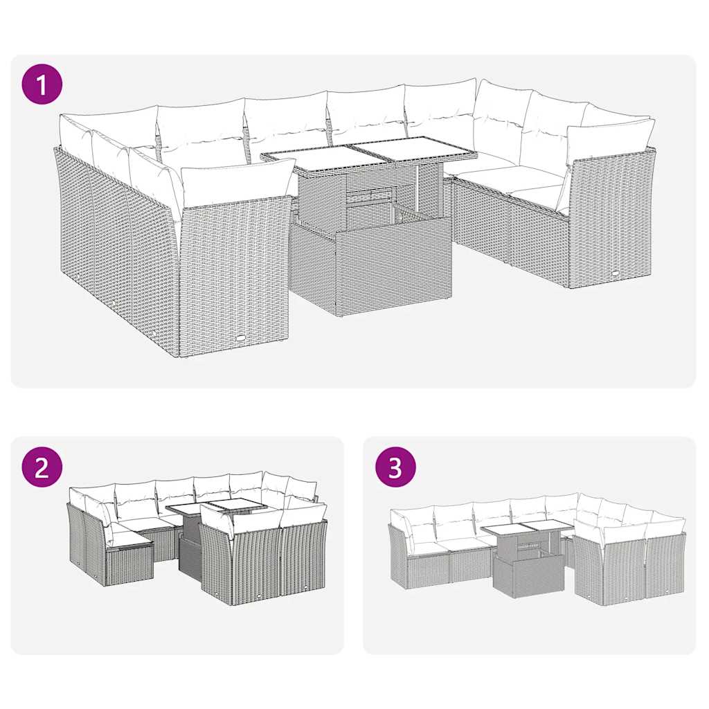 10 részes fekete polyrattan kerti ülőgarnitúra párnákkal