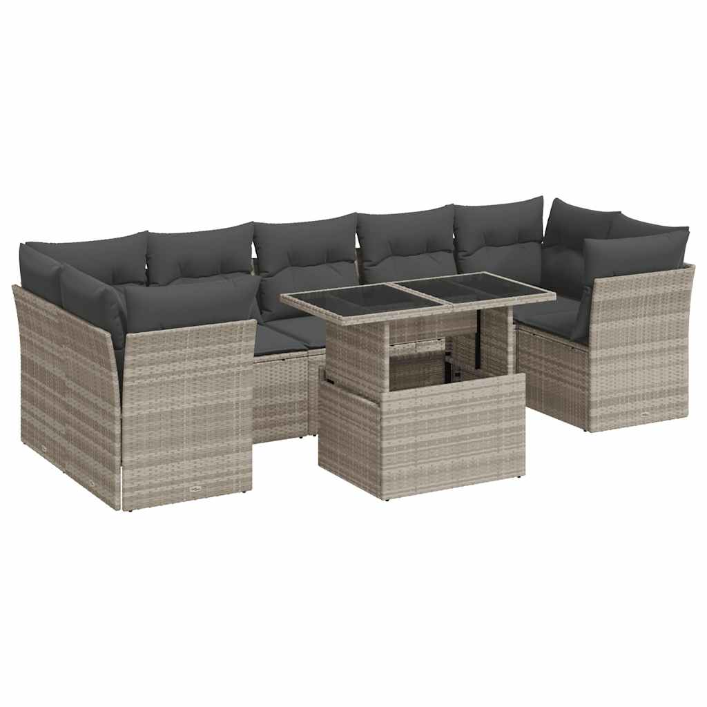 10 részes világosszürke polyrattan kerti ülőgarnitúra párnákkal