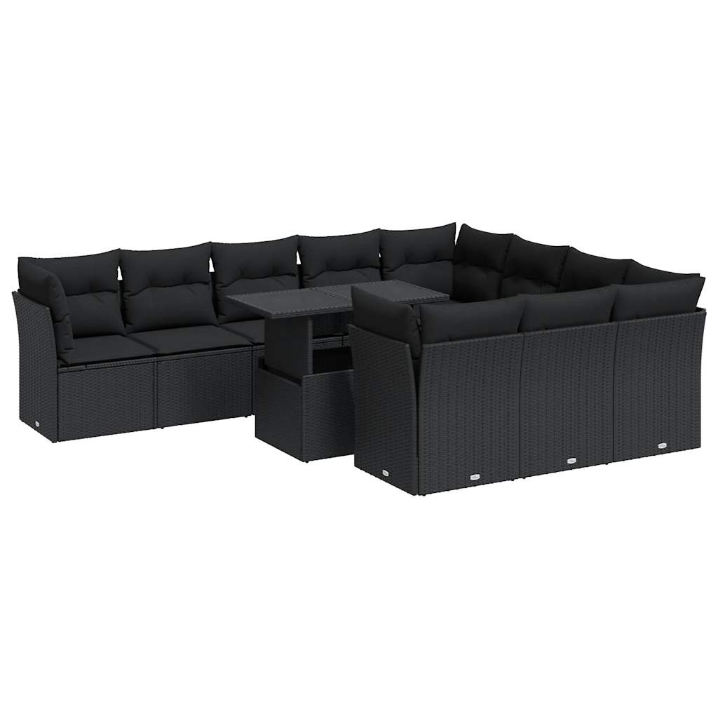 11 részes fekete polyrattan kerti ülőgarnitúra párnákkal