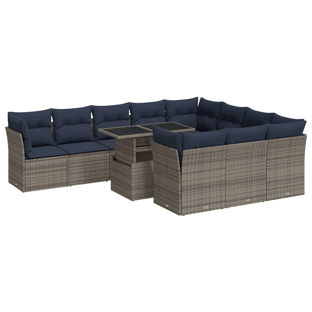 11 részes szürke polyrattan akácfa kerti ülőgarnitúra párnákkal