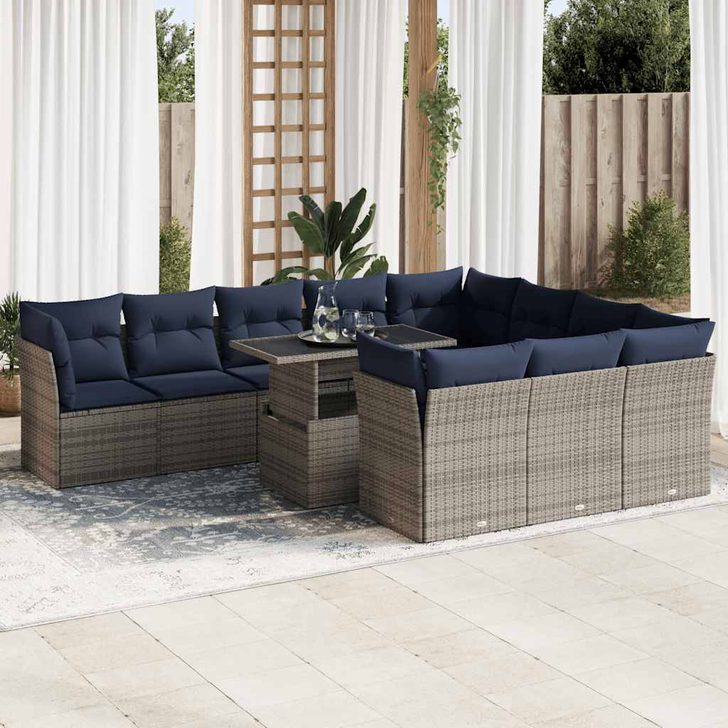 11 részes szürke polyrattan akácfa kerti ülőgarnitúra párnákkal