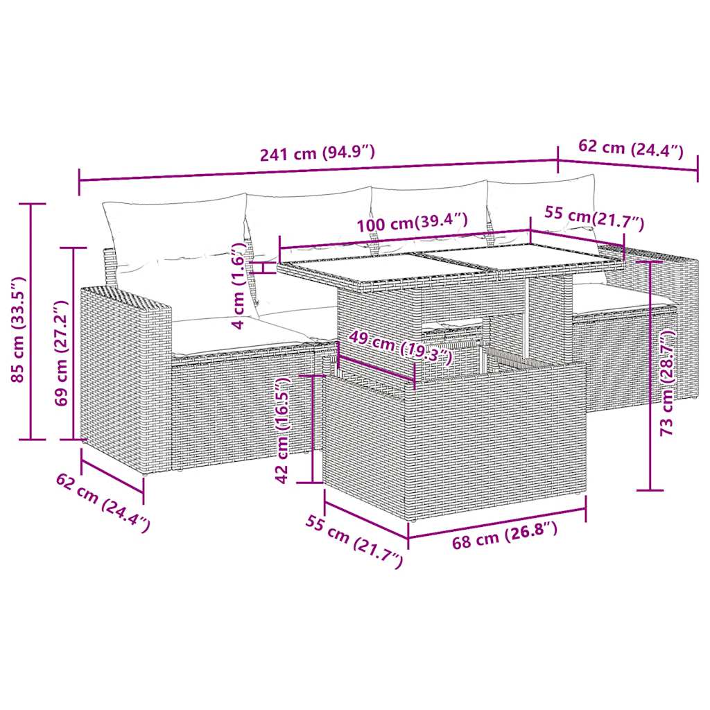 5 részes fekete polyrattan kerti kanapészett párnákkal