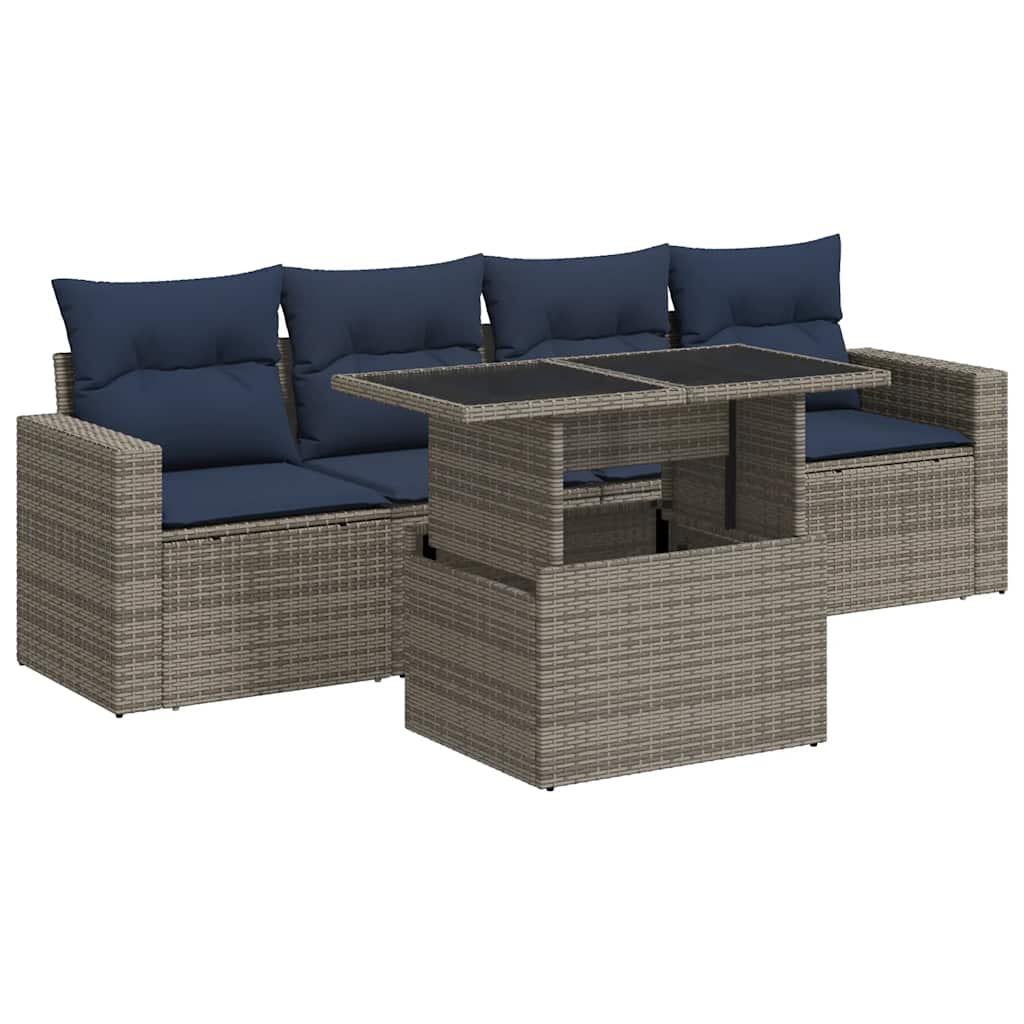 5 részes szürke polyrattan akácfa kerti ülőgarnitúra párnákkal