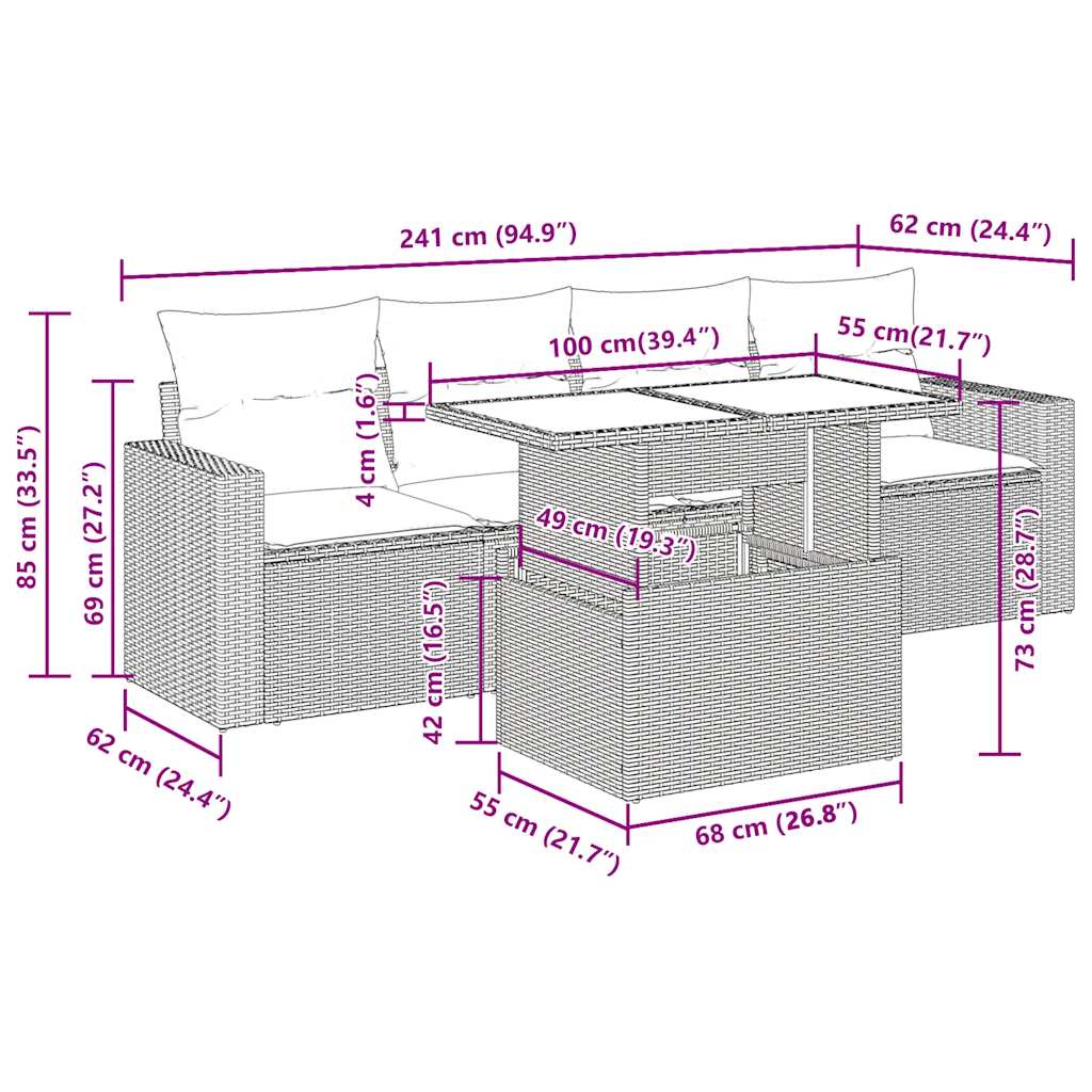 5 részes világosszürke polyrattan kerti ülőgarnitúra párnákkal