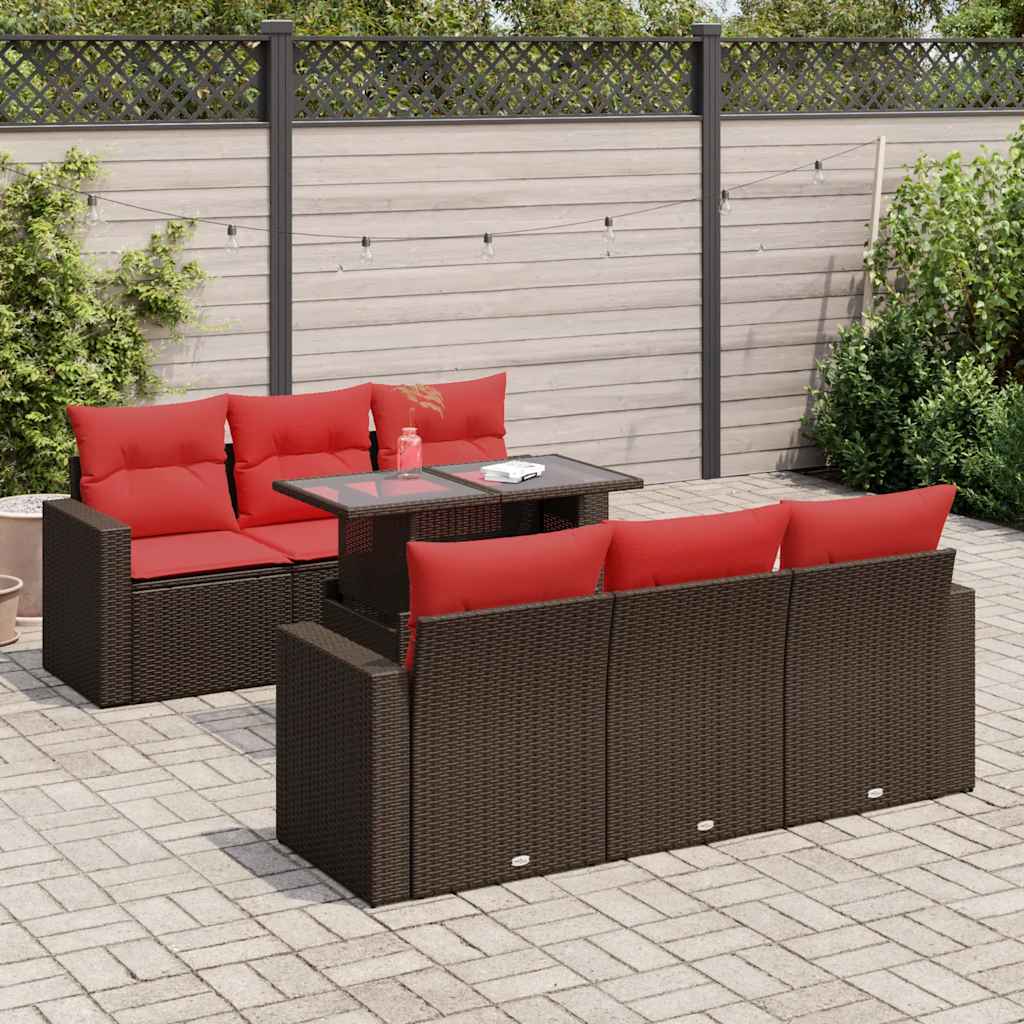 7 részes barna polyrattan akácfa kerti ülőgarnitúra párnákkal