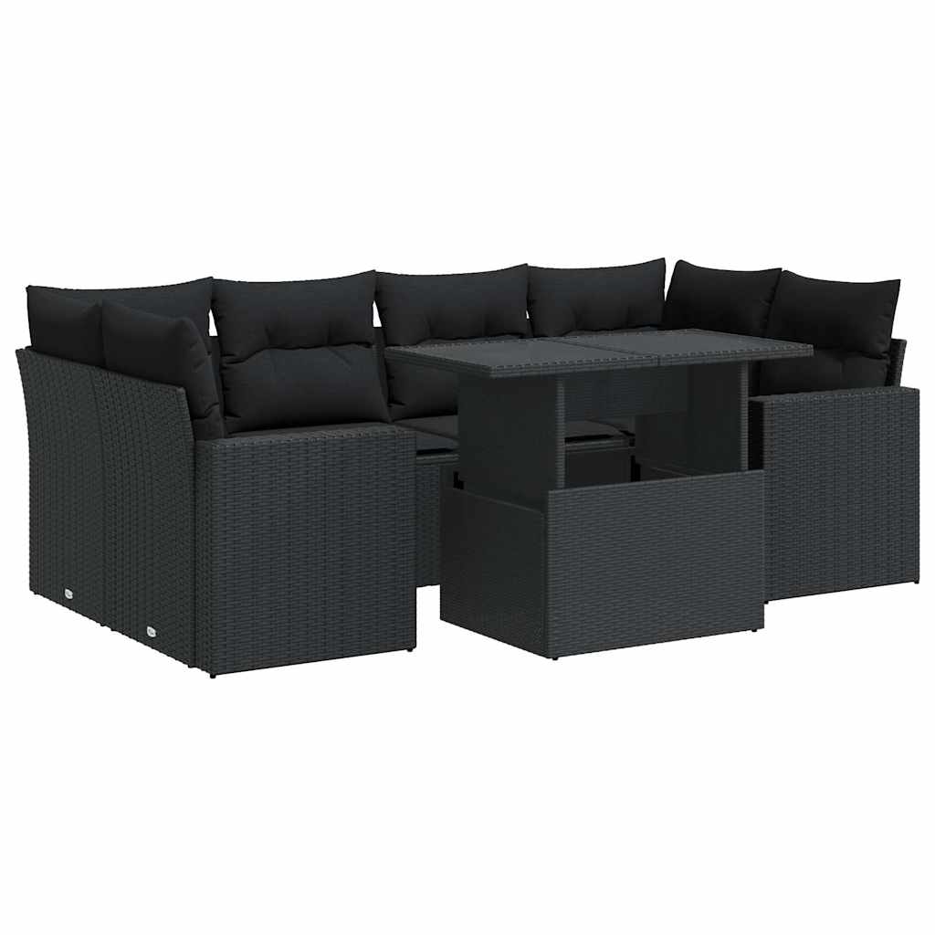 7 részes fekete polyrattan kerti ülőgarnitúra párnával