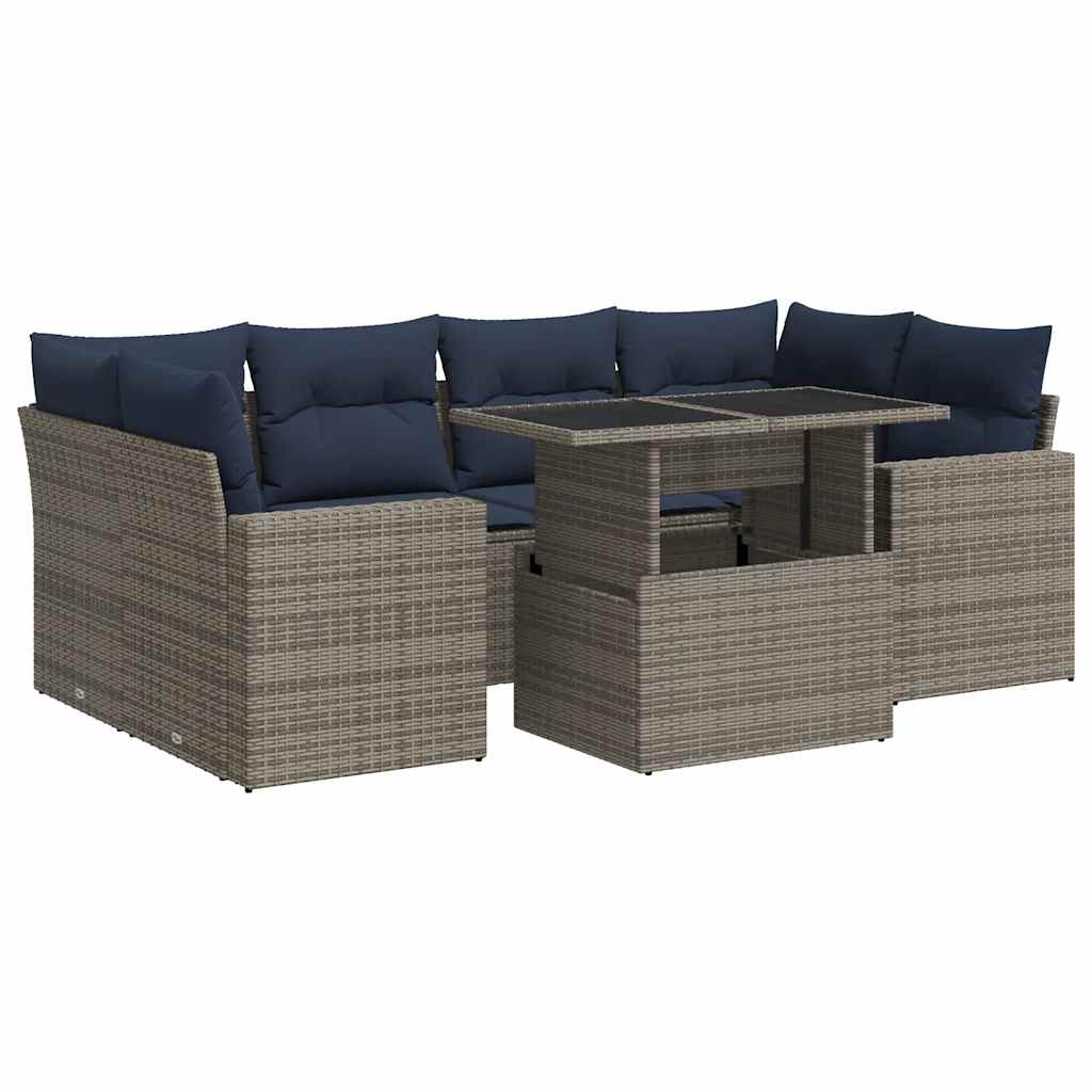 7 részes szürke polyrattan akácfa kerti ülőgarnitúra párnákkal