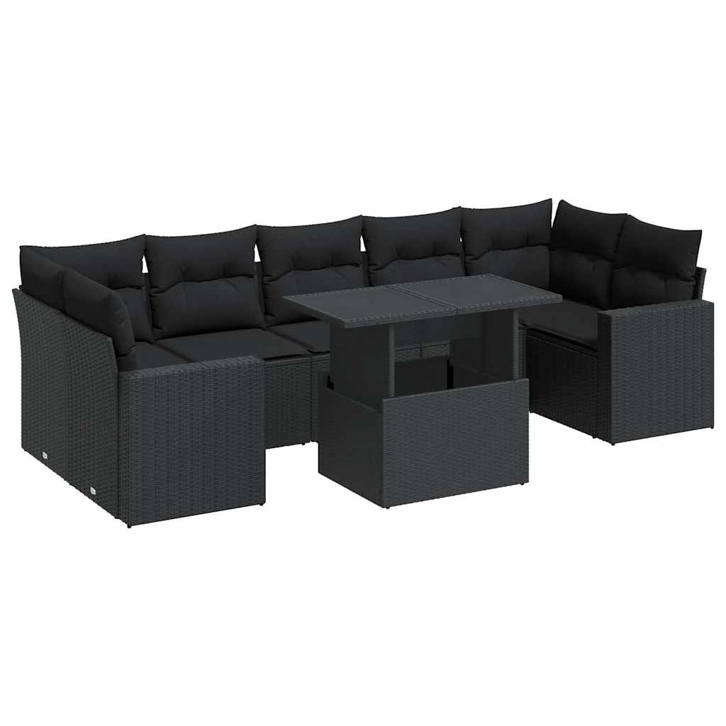 8 részes fekete polyrattan kerti ülőgarnitúra párnákkal