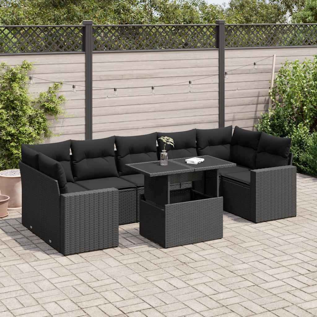 8 részes fekete polyrattan kerti ülőgarnitúra párnákkal