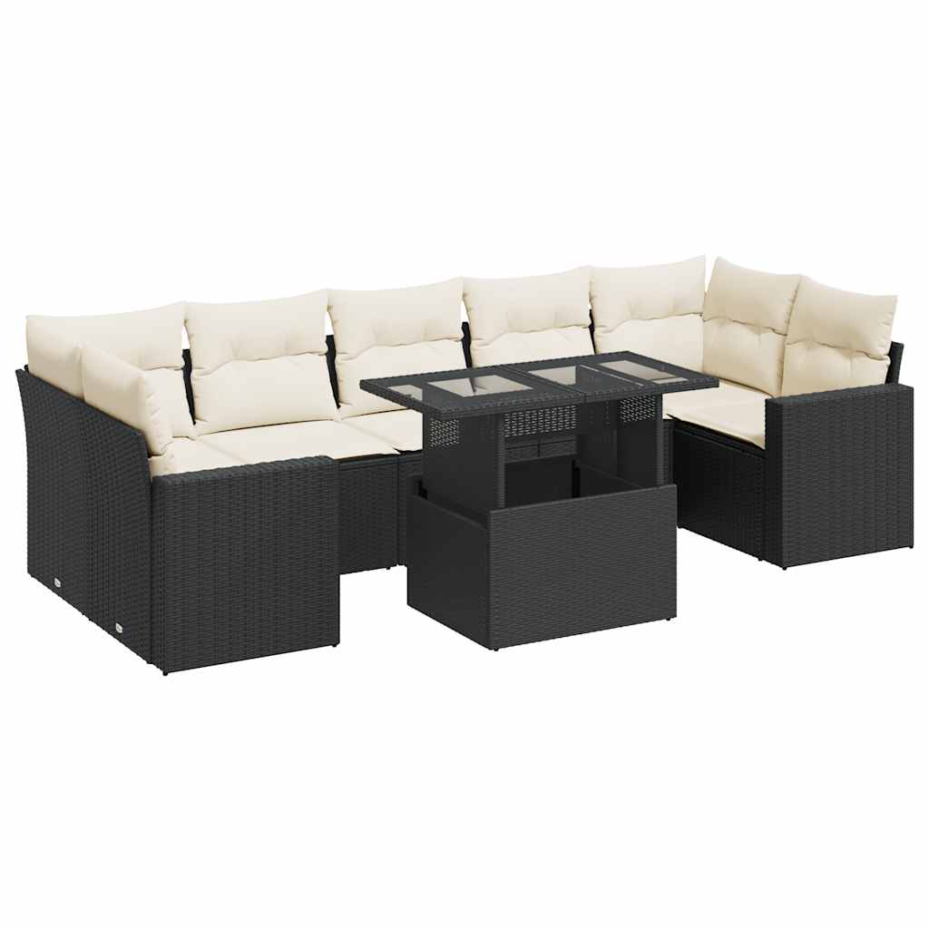 8 részes fekete polyrattan kerti ülőgarnitúra párnákkal