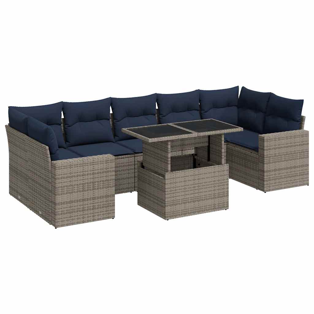 8 részes szürke polyrattan akácfa kerti ülőgarnitúra párnákkal
