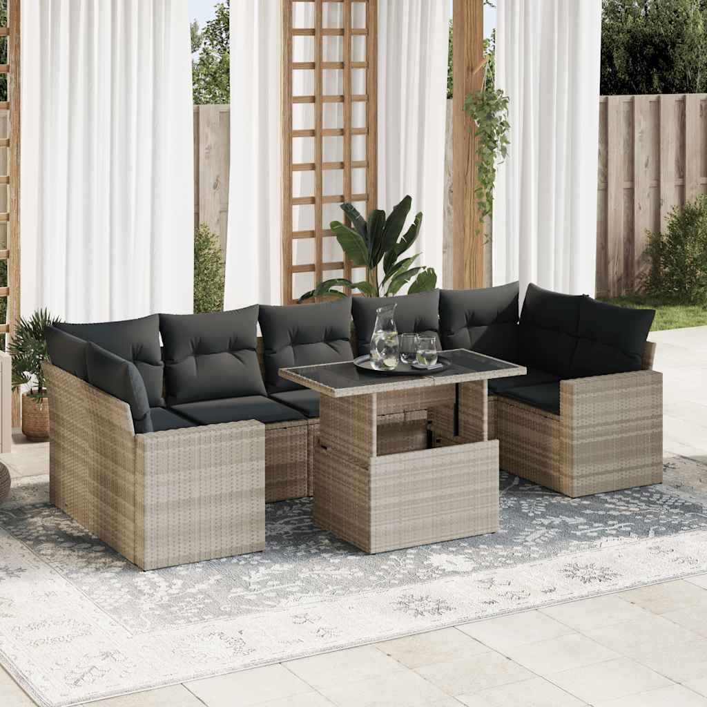 8 részes világosszürke polyrattan kerti ülőgarnitúra párnával