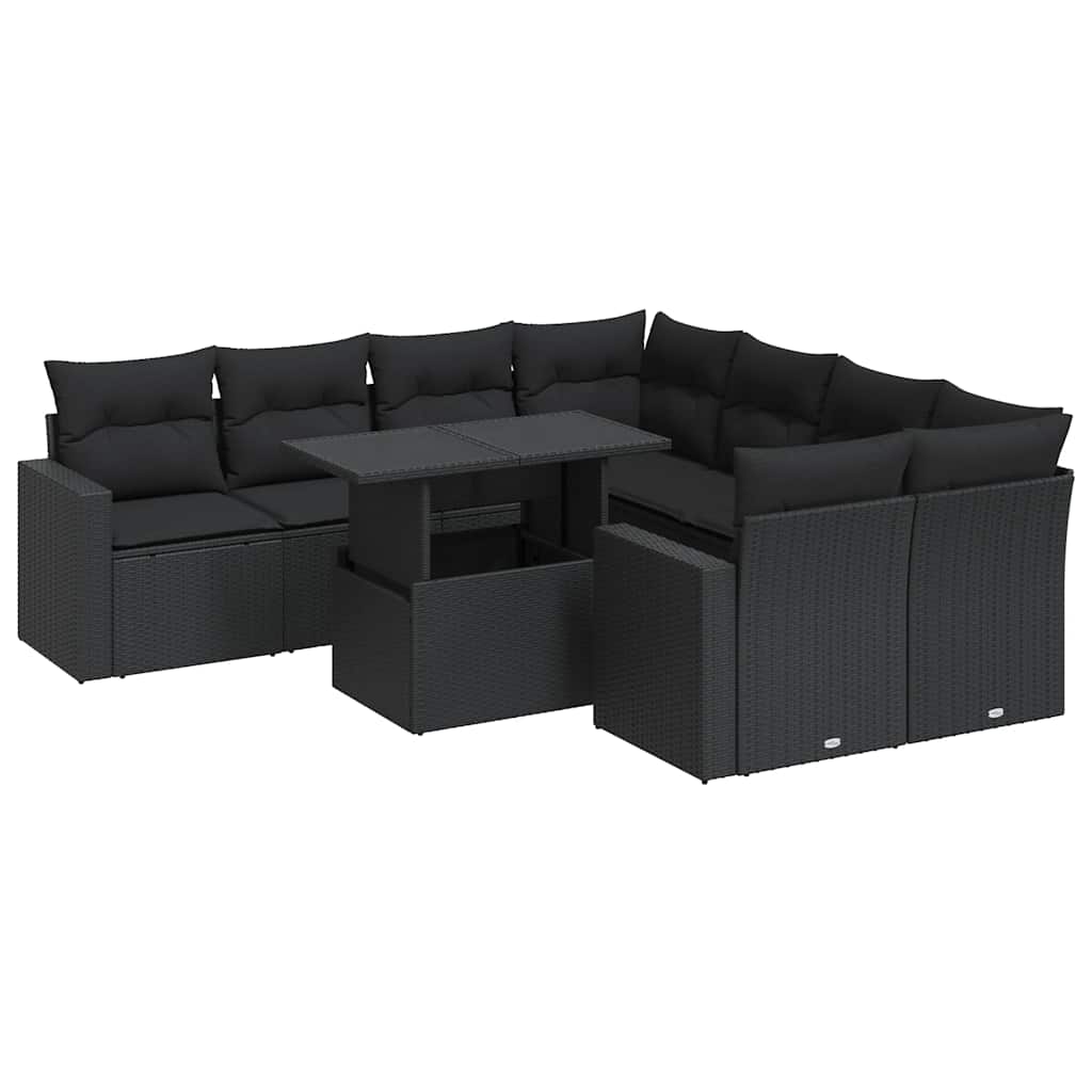 9 részes fekete polyrattan kerti ülőgarnitúra párnákkal