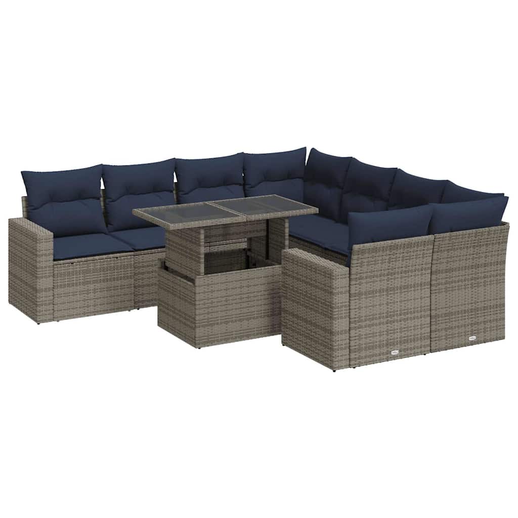 9 részes szürke polyrattan akácfa kerti ülőgarnitúra párnákkal