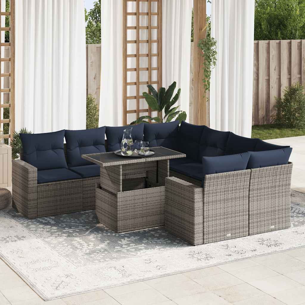 9 részes szürke polyrattan akácfa kerti ülőgarnitúra párnákkal
