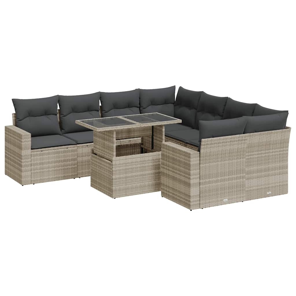9 részes világosszürke polyrattan kerti ülőgarnitúra párnával