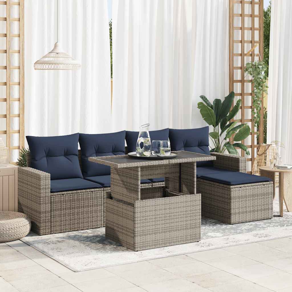 6 részes szürke polyrattan akácfa kerti ülőgarnitúra párnákkal