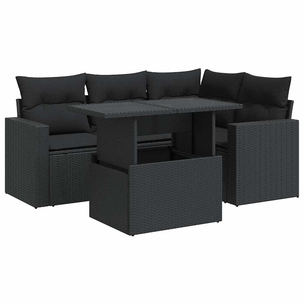 5 részes fekete polyrattan kerti kanapészett párnákkal