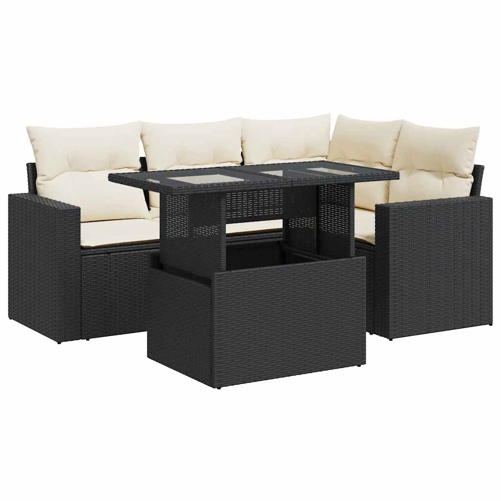 5 részes fekete polyrattan kerti kanapészett párnákkal