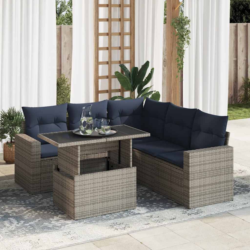 6 részes szürke polyrattan akácfa kerti ülőgarnitúra párnákkal