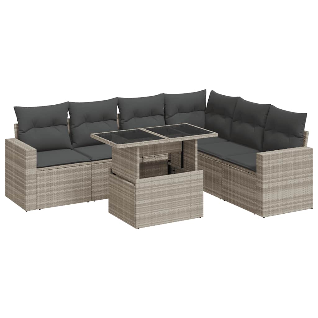 7 részes világosszürke polyrattan kerti ülőgarnitúra párnákkal