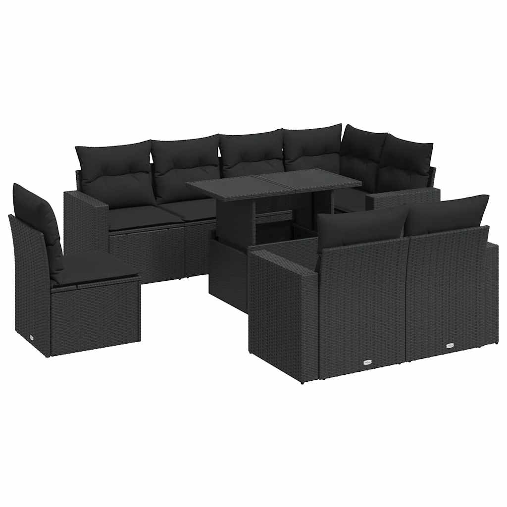 9 részes fekete polyrattan kerti ülőgarnitúra párnákkal