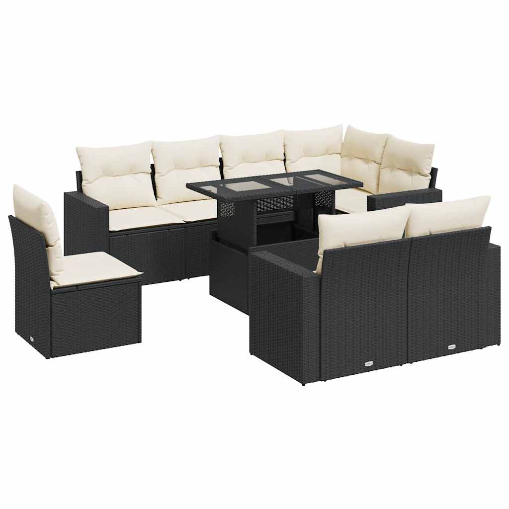 9 részes fekete polyrattan kerti ülőgarnitúra párnákkal