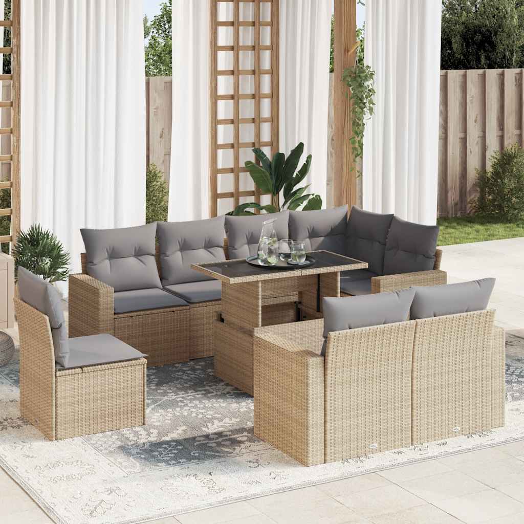 9 részes bézs polyrattan kerti ülőgarnitúra párnákkal