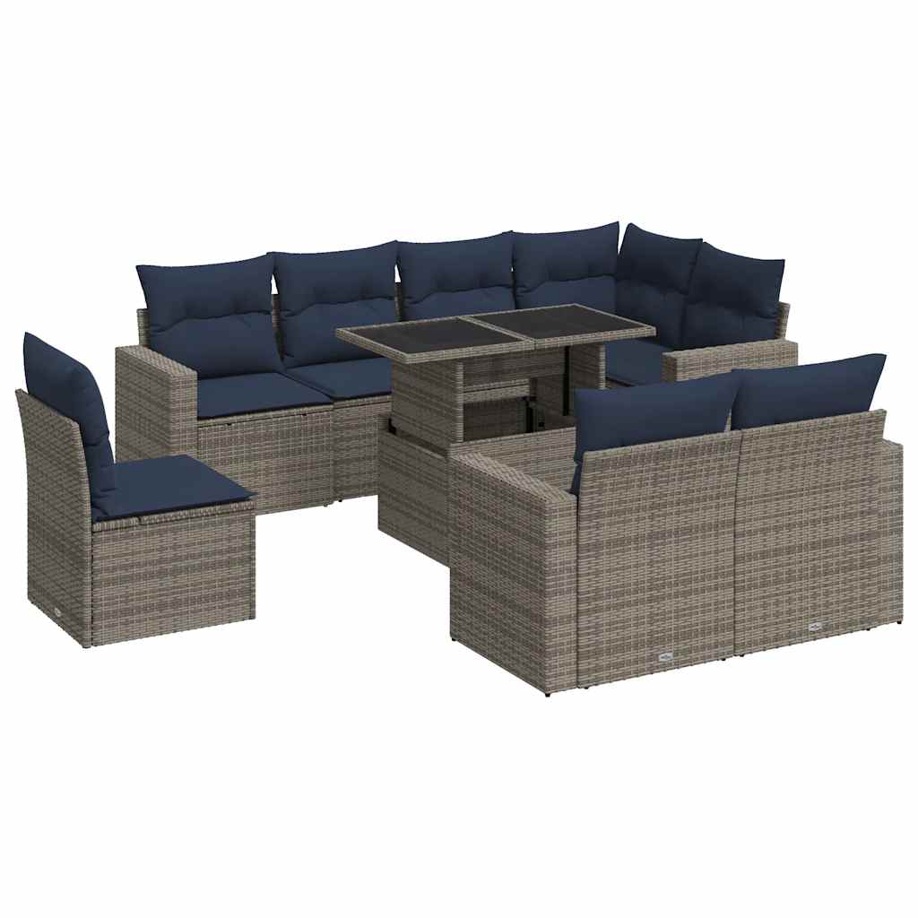9 részes szürke polyrattan akácfa kerti ülőgarnitúra párnákkal