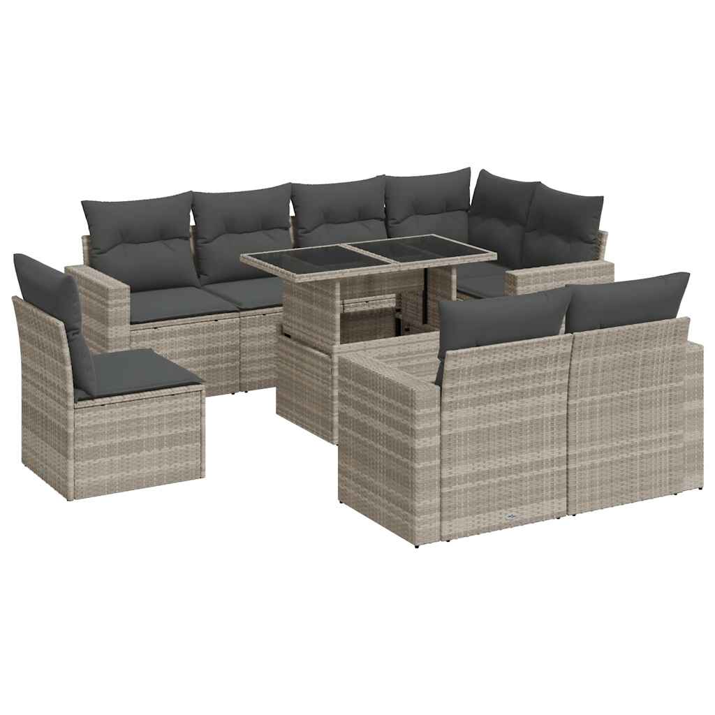 9 részes világosszürke polyrattan kerti ülőgarnitúra párnával