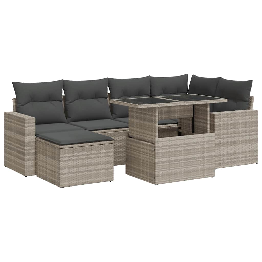 7 részes világosszürke polyrattan kerti ülőgarnitúra párnákkal