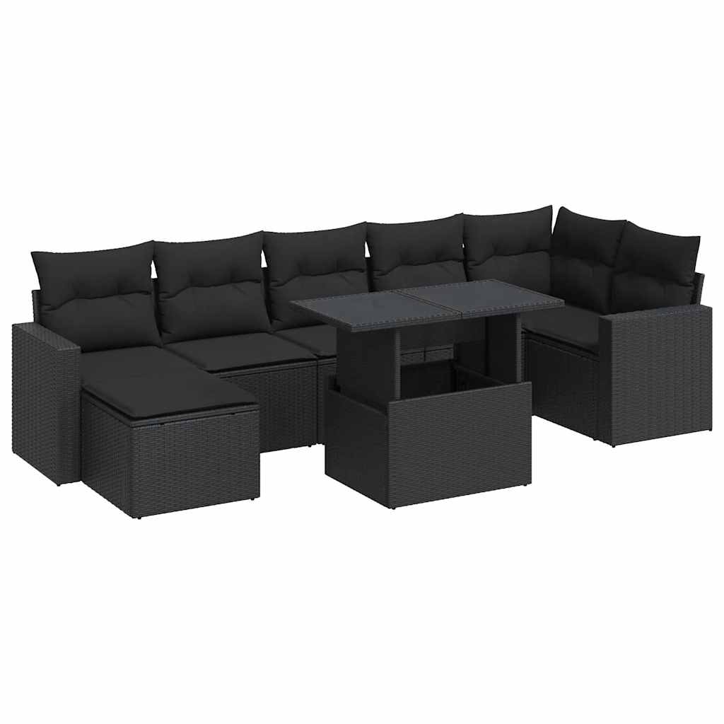 8 részes fekete polyrattan kerti ülőgarnitúra párnákkal